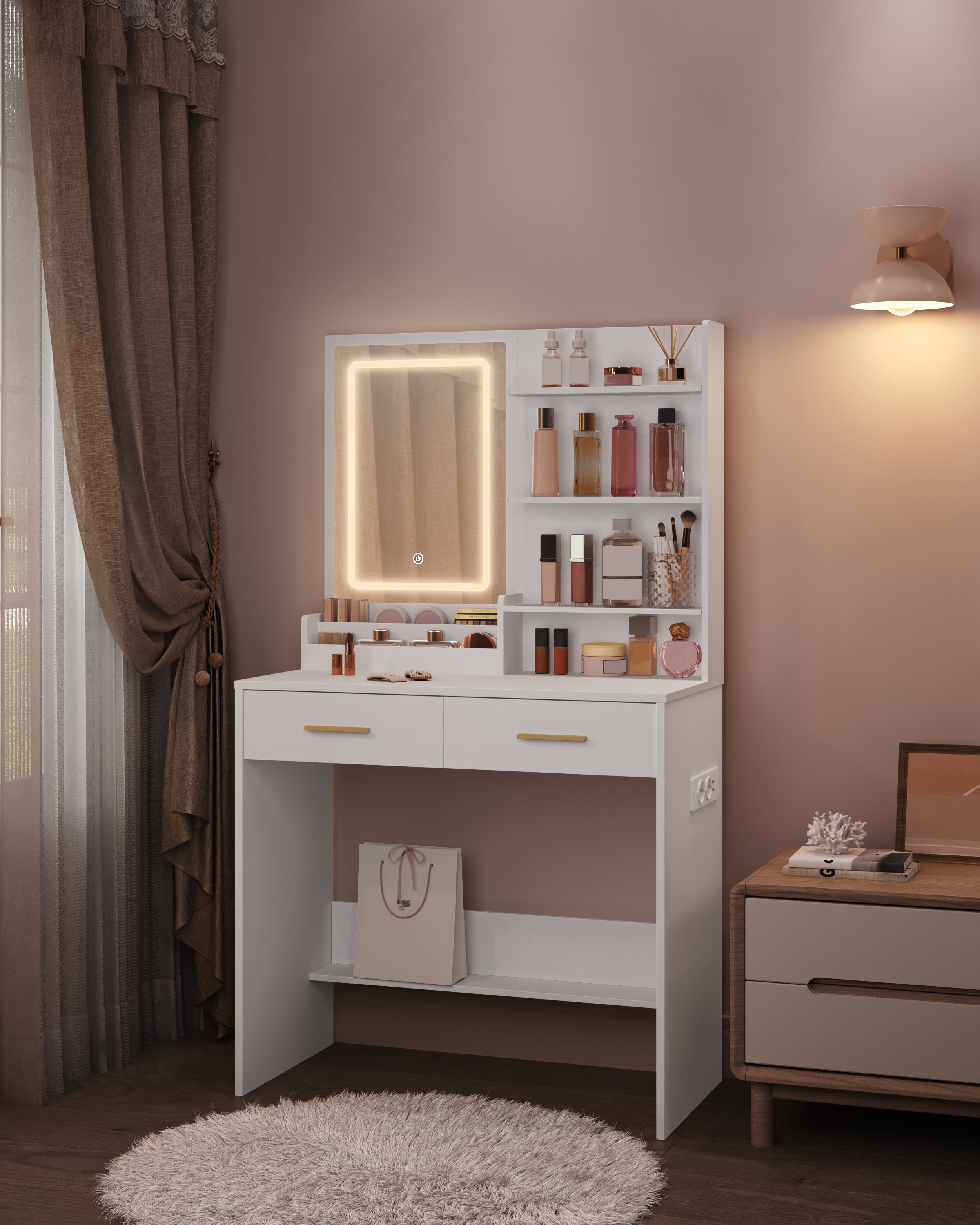 Hzuaneri Dressing Table with LED Light, 2 AC Outlets and 2 USB, with 2 Drawers and 4 Open Compartments, Storage Compartment, for Bedroom, Living Room, Bathroom, Modern Style, White VT32003X