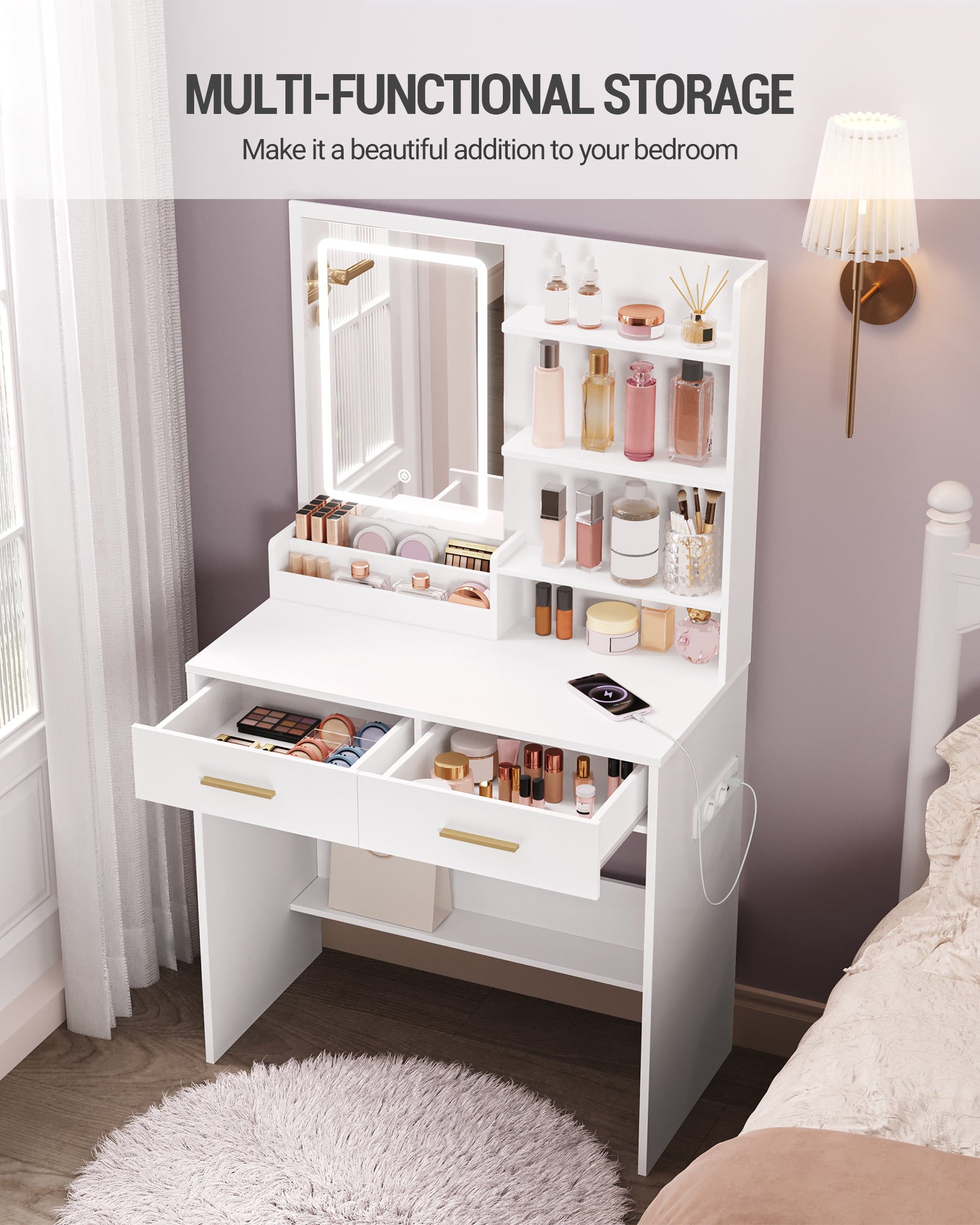 Hzuaneri Dressing Table with LED Light, 2 AC Outlets and 2 USB, with 2 Drawers and 4 Open Compartments, Storage Compartment, for Bedroom, Living Room, Bathroom, Modern Style, White VT32003X