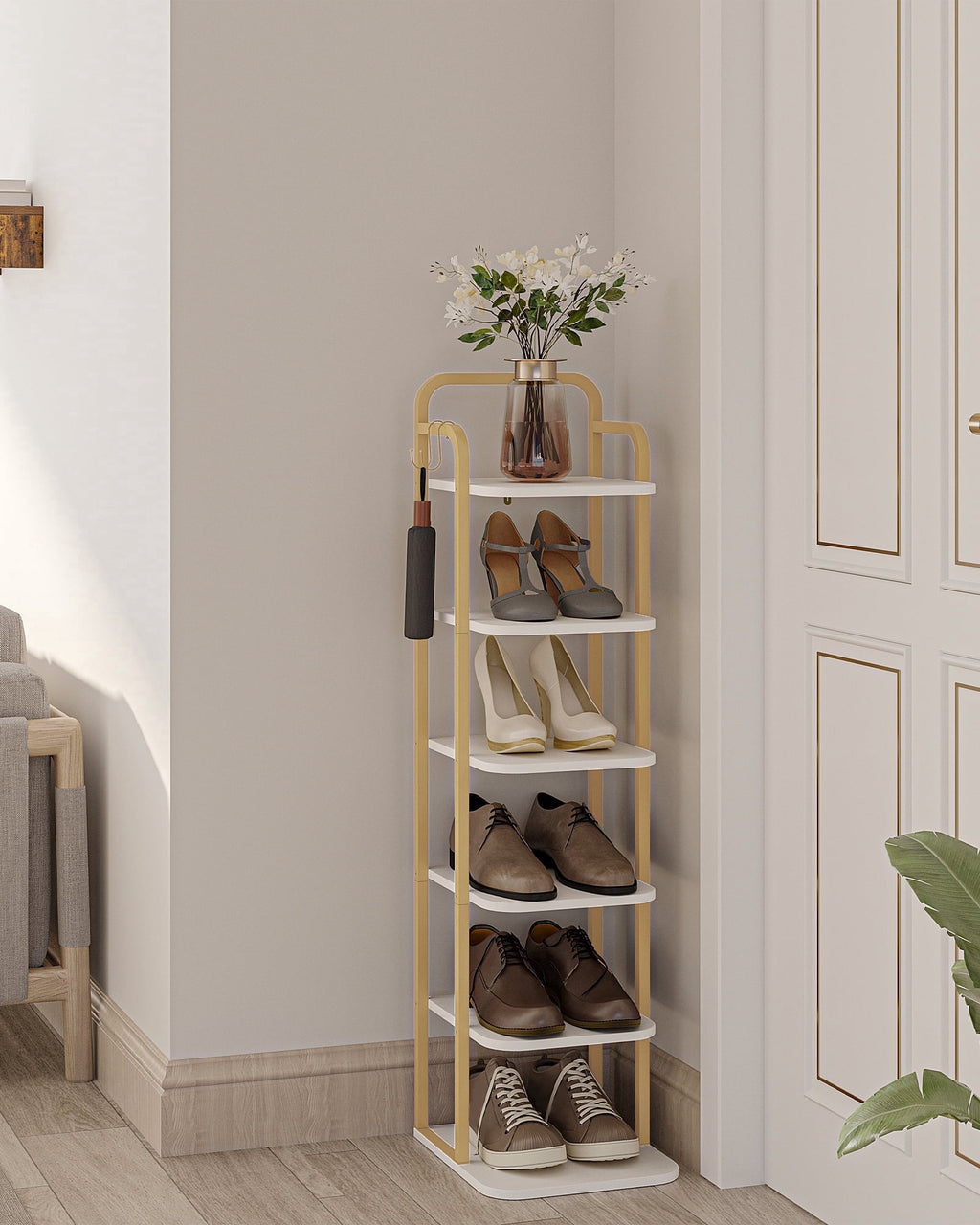 Hzuaneri Shoe Rack, 39.8" H Freestanding Vertical 6‑Tier Adjustable Storage Organizer, Space‑Saving Footwear Storage for Small Spaces, White & Gold