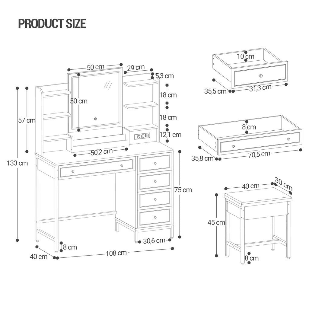 Hzuaneri Dressing Table, Vanity Desk with Soft Stool, HD Mirror and Adjustable LED Lights, Makeup Table with Socket and USB, 5 Drawers, Open Storage Compartment, Luxury Style, White-Gold DT352HDT
