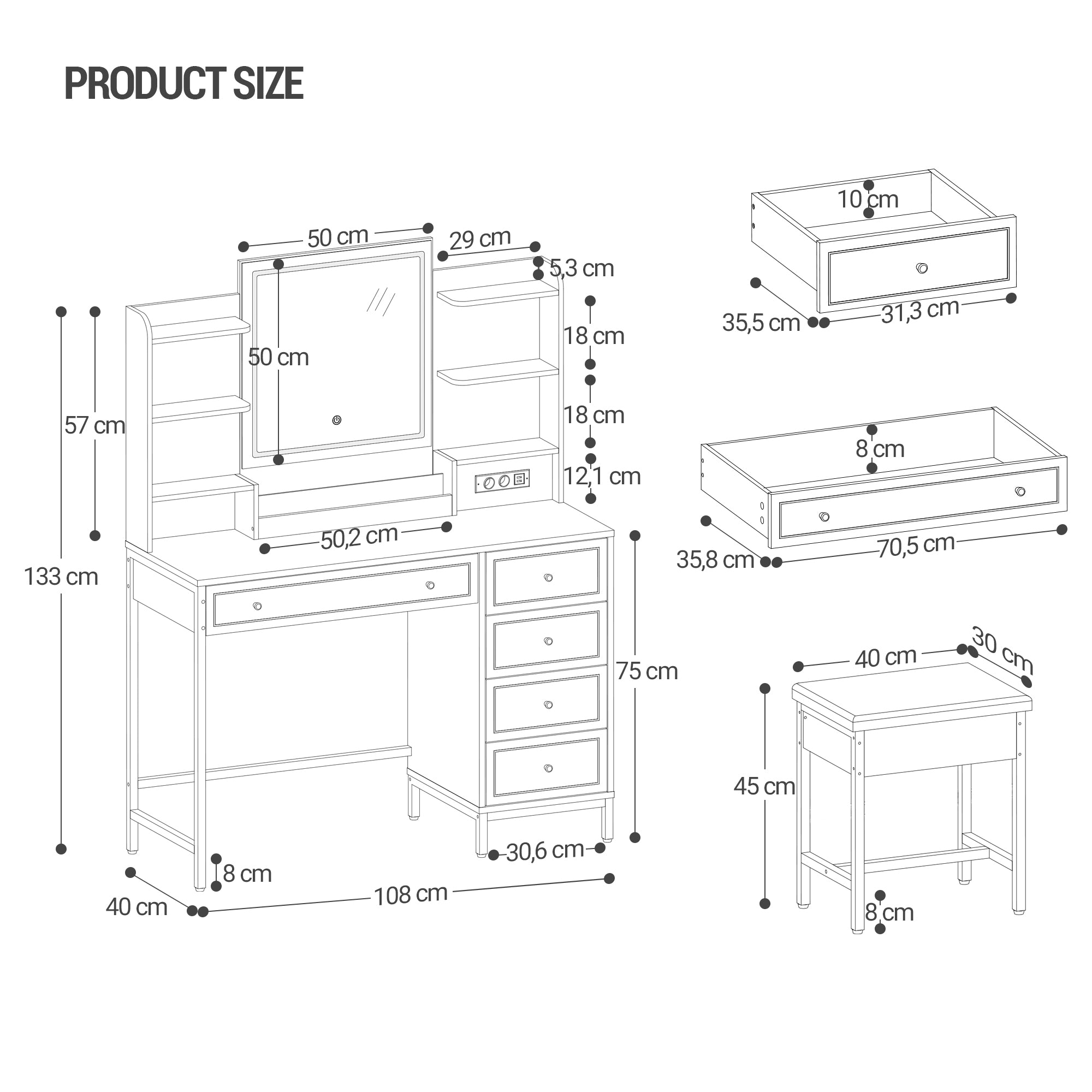 Hzuaneri Dressing Table, Vanity Desk with Soft Stool, HD Mirror and Adjustable LED Lights, Makeup Table with Socket and USB, 5 Drawers, Open Storage Compartment, Luxury Style, White-Gold DT352HDT