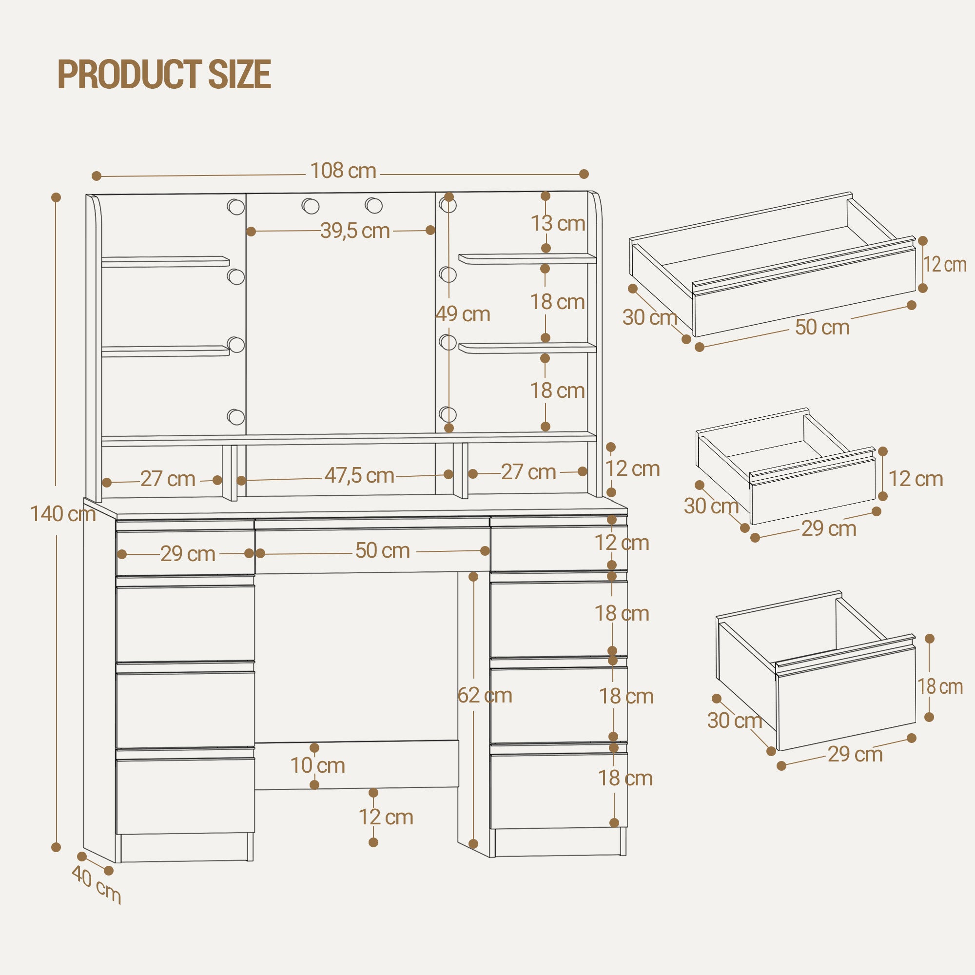 Hzuaneri Large Dressing Table with 10 LED Lights & Mirror, 9 Drawers, 9 Shelves, 3 Colors