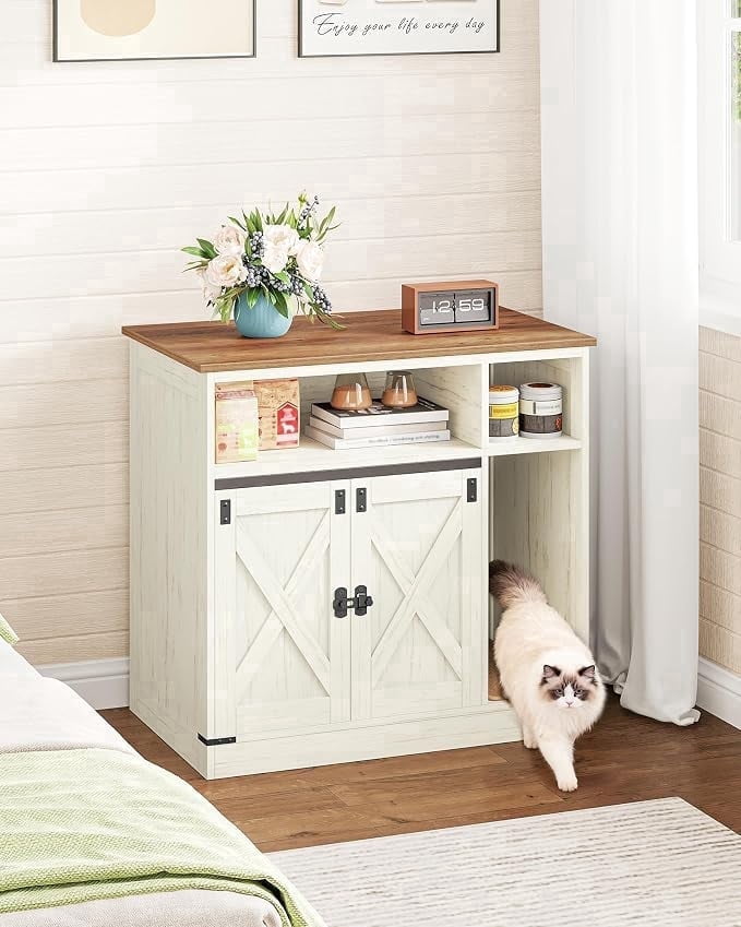 Hidden Cat Litter Box Enclosure with Storage, Wooden Cat Cabinet, TV Stand, Rustic Brown White