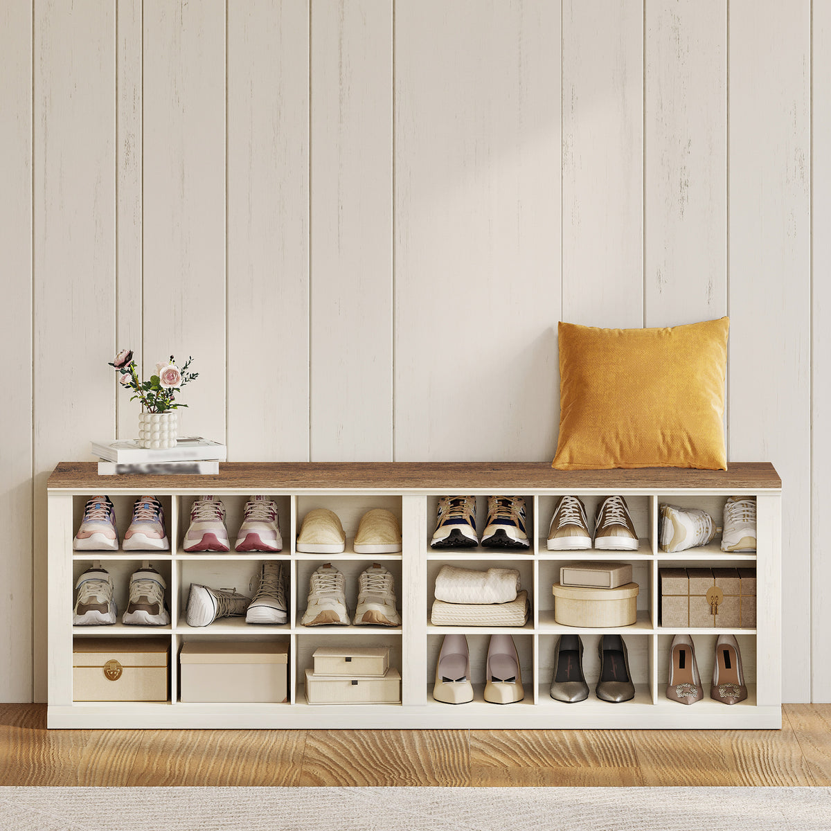Hzuaneri Shoe Bench, Bench with Storage Space, Seat Chest, 2 Sturdy Hinges, Storage Cabinet, 40 x 100 x 48 cm for Hallway, Living Room, X Sturdy Frame with Canopy, White Brownv SB04514B