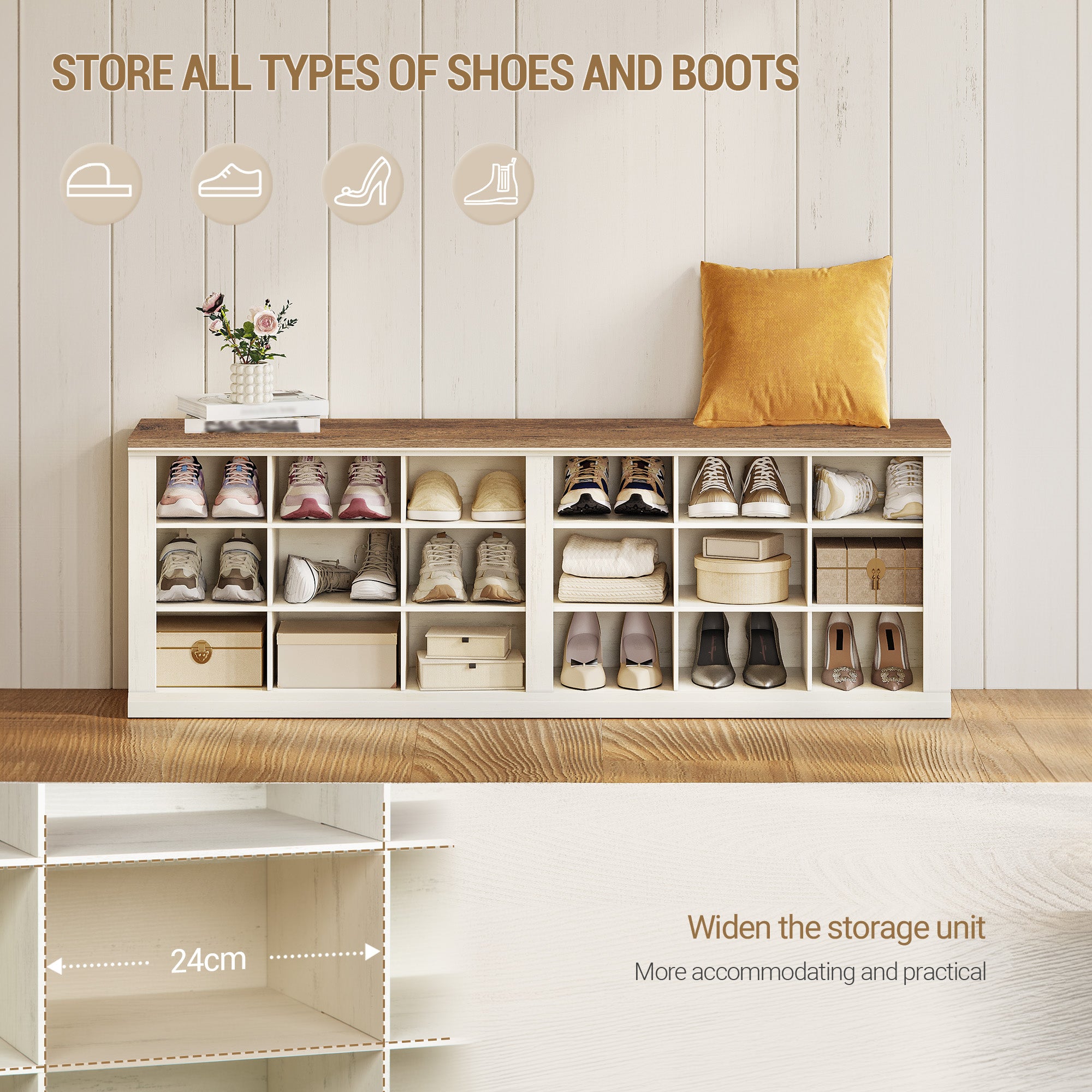 Hzuaneri Shoe Bench, Bench with Storage Space, Seat Chest, 2 Sturdy Hinges, Storage Cabinet, 40 x 100 x 48 cm for Hallway, Living Room, X Sturdy Frame with Canopy, White Brownv SB04514B