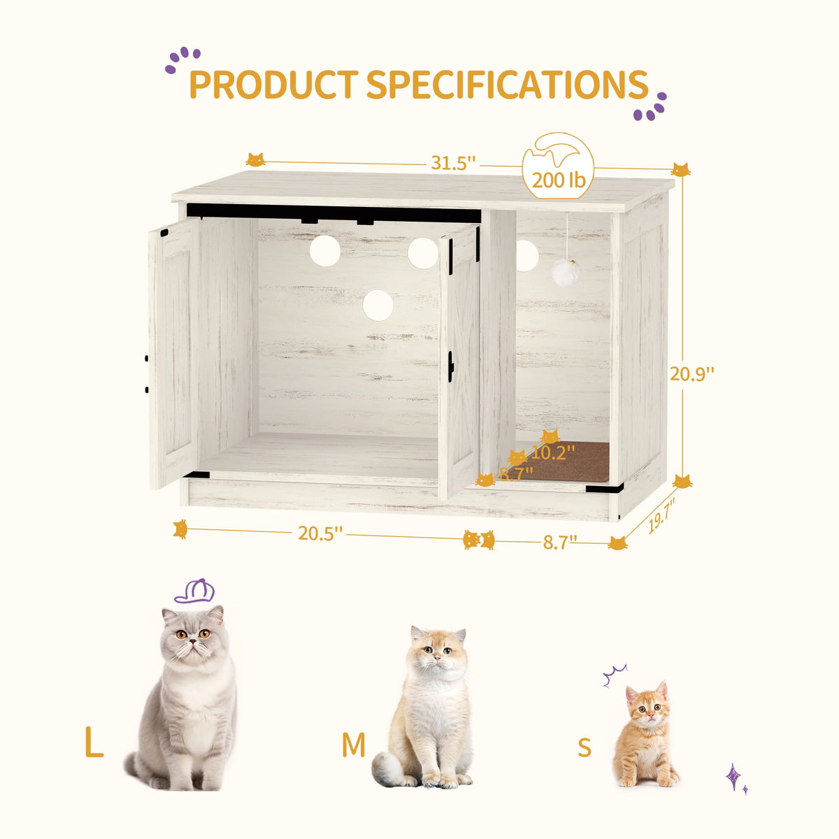 Hzuaneri 31.5" Cat Litter Box Enclosure, Hidden Cabinet Furniture with Bell for Indoor Cat, Farmhouse Style, White
