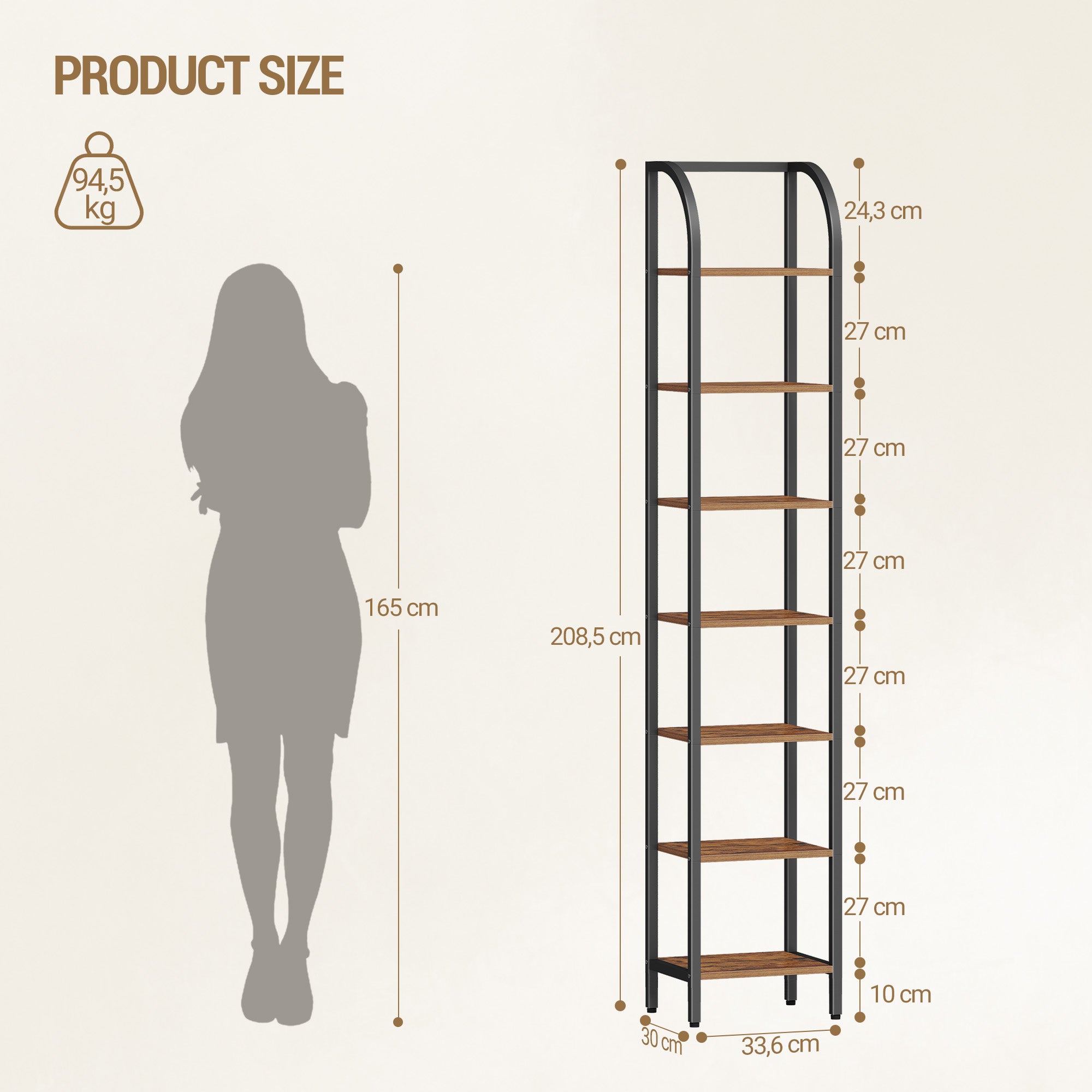 Hzuaneri Bookcase, 7-Tier Bookshelf, Narrow Bookcase Shelving Unit for Living Room, Office, Sturdy, Bedroom, 30 x 33.6 x 208.5 cm, Industrial, Rustic Brown and Black, BC57001B