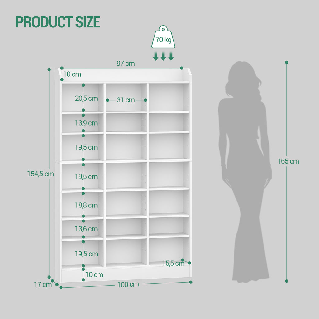 Hzuaneri CD Shelf, DVD Shelf, 8-Tier Open CD Stand with 15 Adjustable Shelves, Manga Shelf, Suitable for Living Room and Study, 17 x 100 x 154.5 cm, White CR18003X