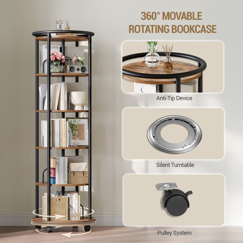 Rotating Bookshelf, 360° Spinning Bookshelf Tower, Display Revolving Bookcase, Round Book Shelf, Narrow Swivel Bookshelves for Small Space, Bedroom, Living Room, 6-Tier Rustic Brown