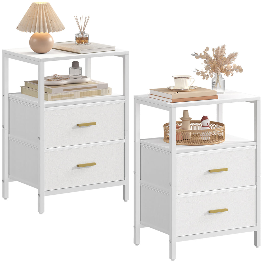 HEXCELEN Bedside Table Set of 2 with 2 Fabric Drawers & Shelf, Nightstand for Bedroom and Living Room, White