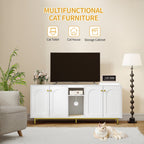 Hzuaneri Cat Litter Box Enclosure for 2 Cats, 55" Hidden Litter Boxes with Double Room, Storage, Plush Ball, Wooden Cat Washroom Furniture, White Gold