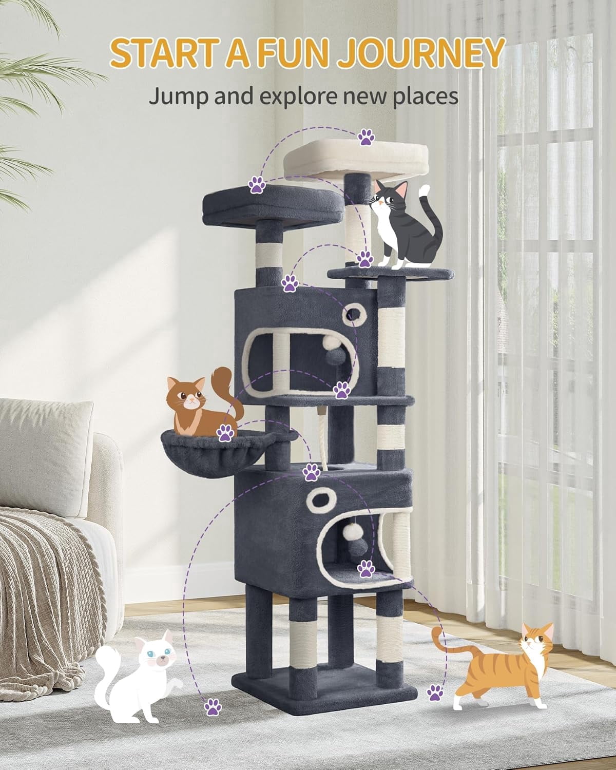 Cat Tree, 62.6‑Inch Tall Multi‑Level Cat Tower for Indoor Cats with Scratching Posts, Platforms, Cat Caves and Basket, Dark Gray