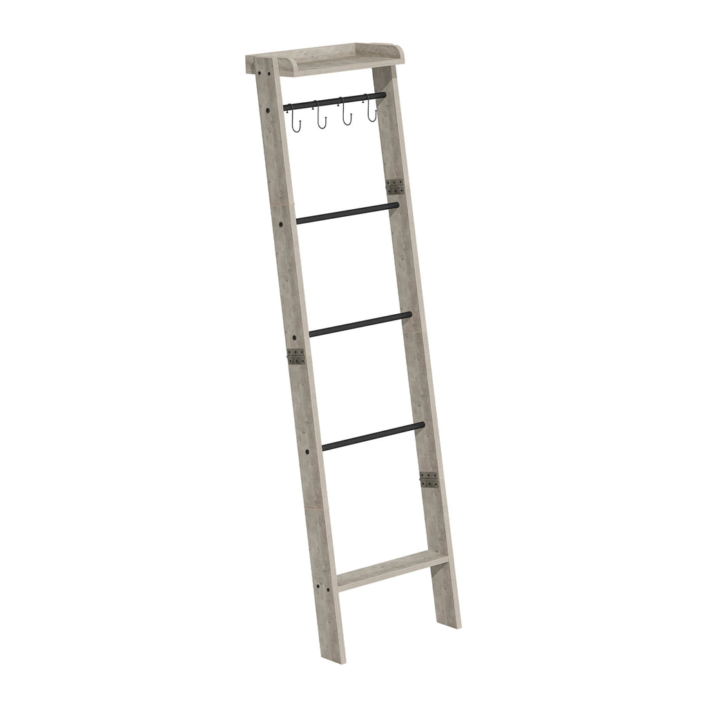 Wooden Blanket Ladder with 4 Hooks, 63.4" H 6-Tier Farmhouse Ladder Holder Organizer, for Living Room, Bedroom, Balcony - Greige