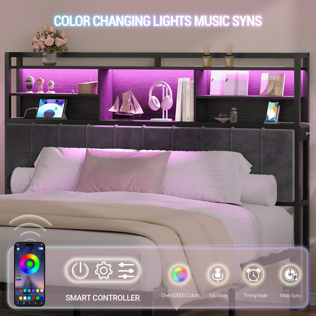 King Size Headboard with 3-tier Storage Shelves, Soft Velvet Upholstery, 2 Power Outlets, USB Ports & LED Lights, Comfy Backrest, Black