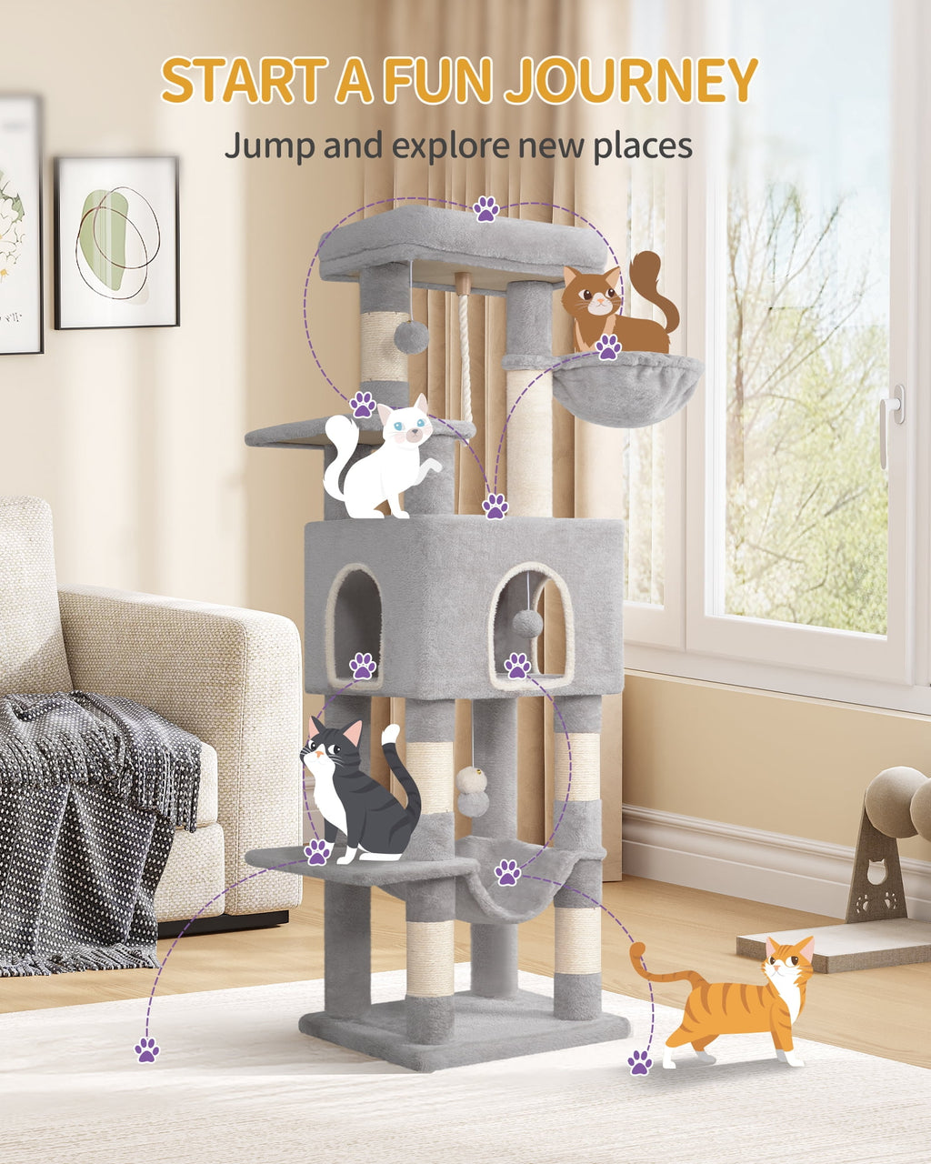 Cat Tree, 58.7‑Inch Tall Multi‑Level Cat Tower for Indoor Cats with Scratching Posts, Hammock and Cat Cave, Light Gray