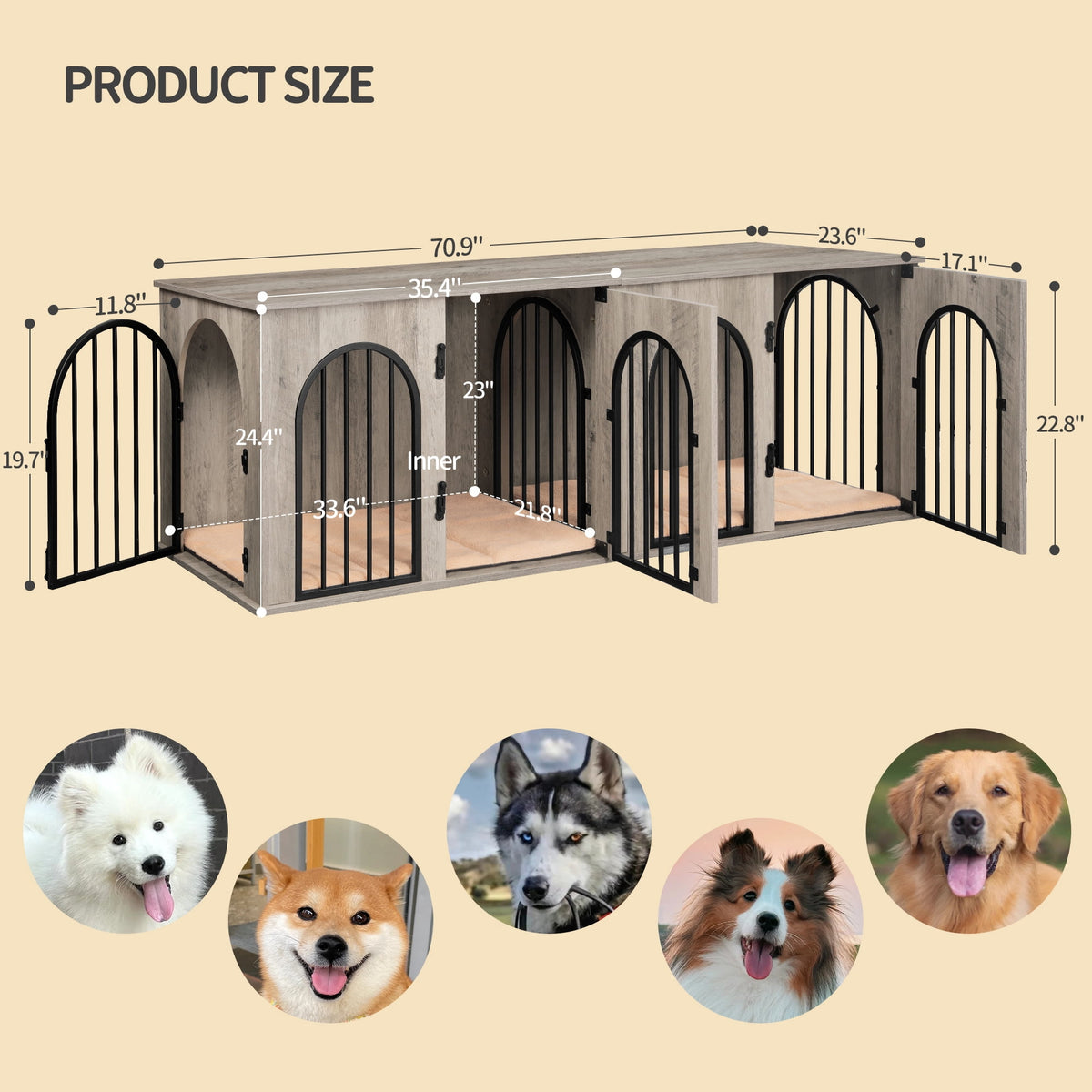 Hzuaneri 71" Dog Crate Furniture for 2 Dogs, Heavy Duty Wooden Kennel for Medium Large Dogs with Divider