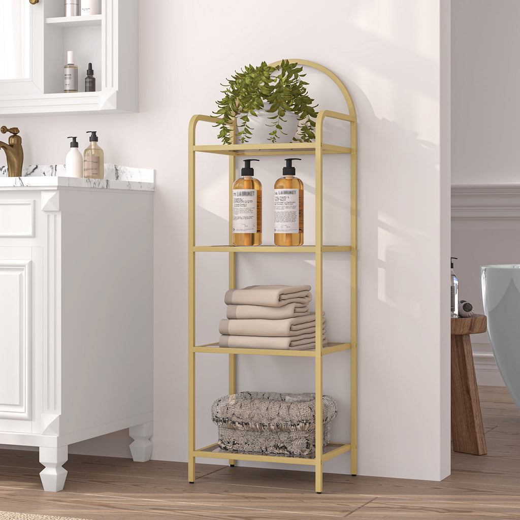 Hzuaneri 4-Tier Bookcase Bookshelf, Tempered Glass Bookshelves, Slim Shelving Unit for Bedroom, Bathroom, Home Office, Steel Frame, Gold, 48in Tall