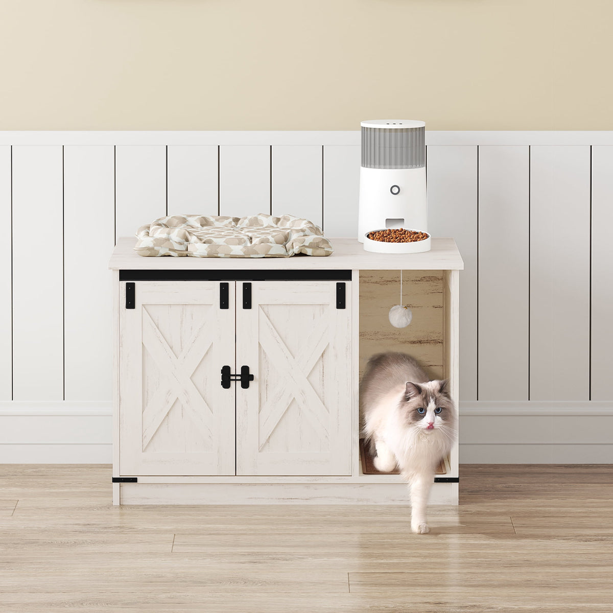 Hzuaneri 31.5" Cat Litter Box Enclosure, Hidden Cabinet Furniture with Bell for Indoor Cat, Farmhouse Style, White