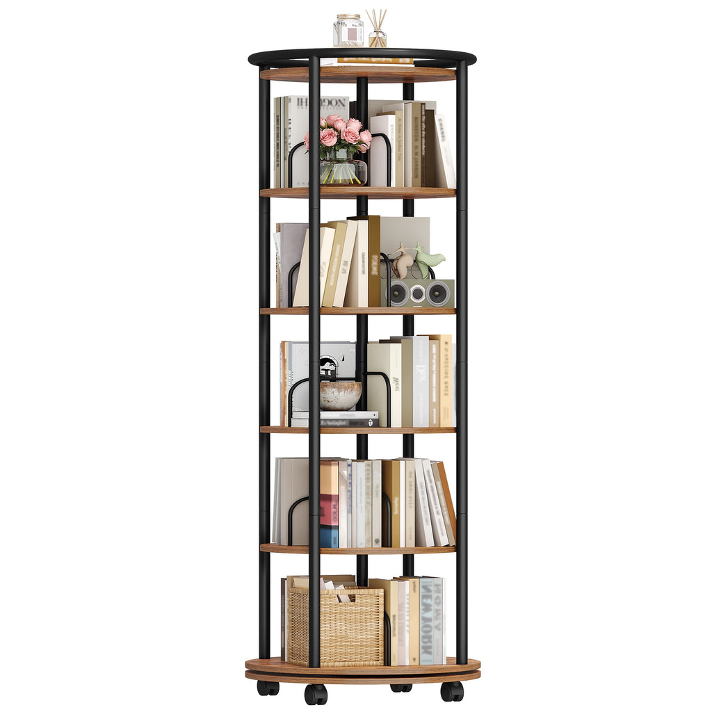 Rotating Bookshelf, 360° Spinning Bookshelf Tower, Display Revolving Bookcase, Round Book Shelf, Narrow Swivel Bookshelves for Small Space, Bedroom, Living Room, 6-Tier Rustic Brown