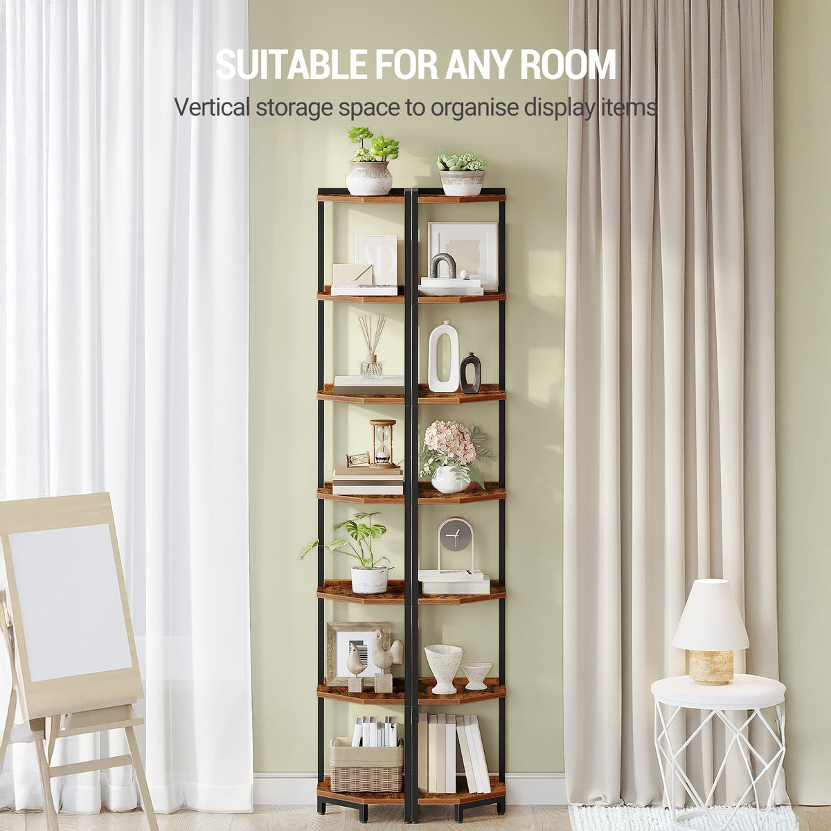 Hzuaneri Corner Shelf Stand, 7‑Tier Corner Bookshelf, Storage Standing Shelf for Living Room Bedroom Home Office, Rustic Brown
