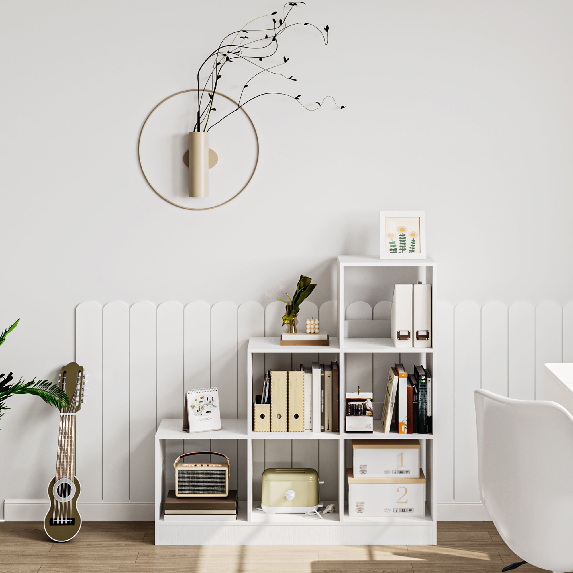 Hzuaneri Bookcase, 6 Cube Storage Unit, Cube Bookcase Storage Organiser, White Wide Wooden Book Shelf for Living Room, Home Office, Bedroom, Study, White, BC24113X