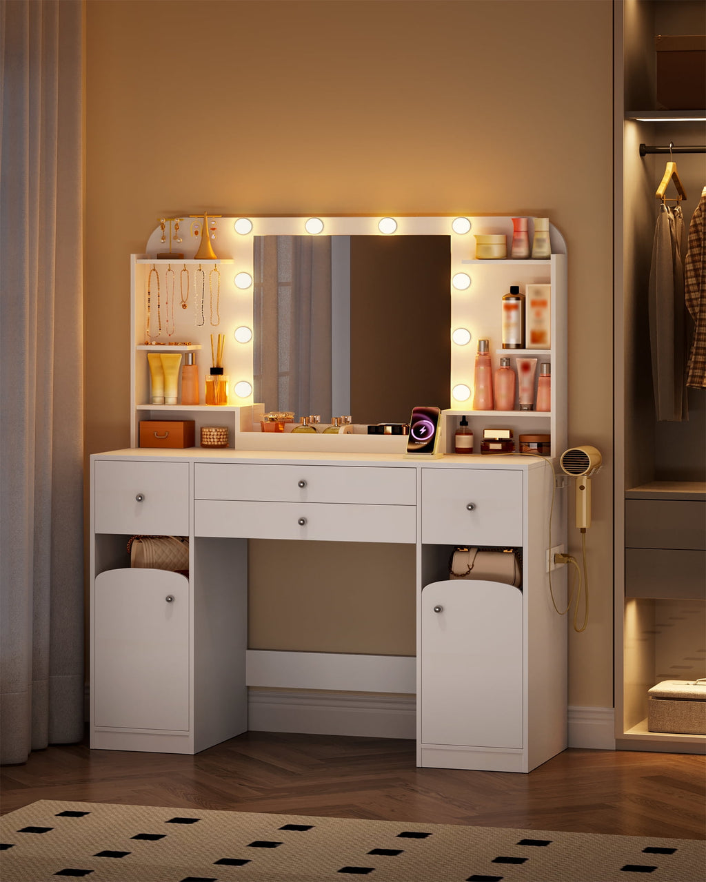 Hzuaneri White Makeup Vanity Desk, 42.5"W Makeup Vanity Table with Led Mirror, 4 Drawers, 2 Open Storage Cabinets, Jewelry Storage, Makeup Desk for Bedroom, Bathroom