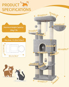 Cat Tree, 58.7‑Inch Tall Multi‑Level Cat Tower for Indoor Cats with Scratching Posts, Hammock and Cat Cave, Light Gray