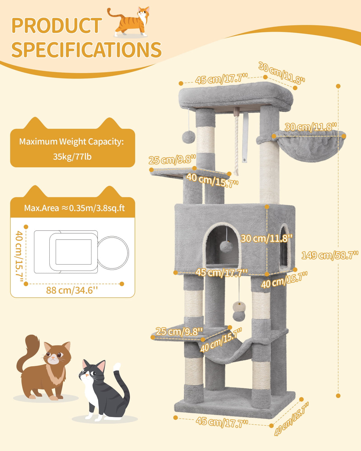 Cat Tree, 58.7‑Inch Tall Multi‑Level Cat Tower for Indoor Cats with Scratching Posts, Hammock and Cat Cave, Light Gray