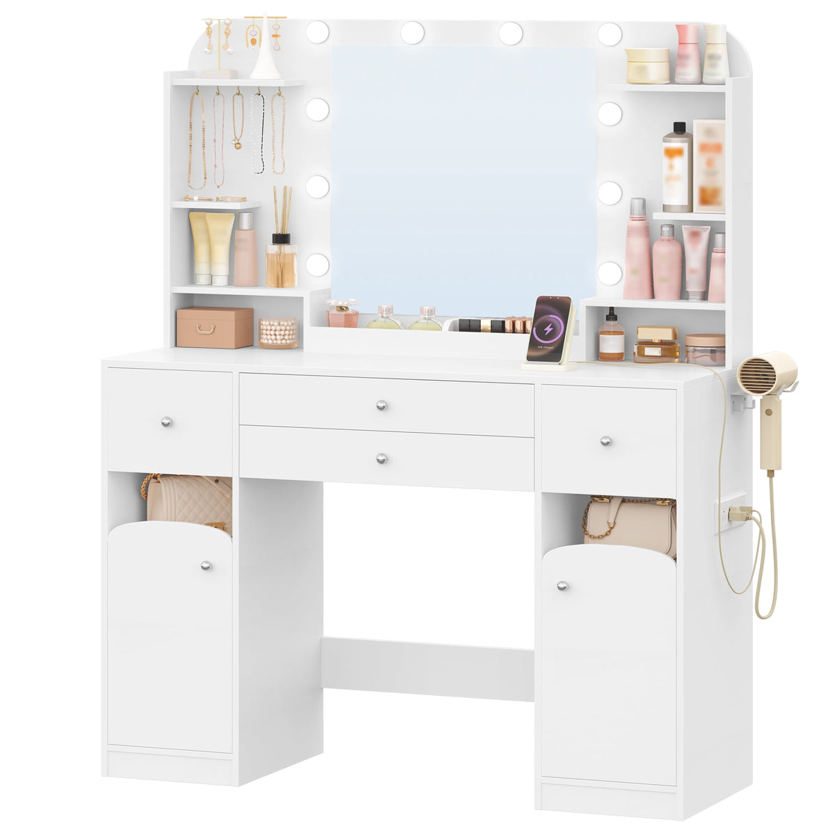 Hzuaneri White Makeup Vanity Desk, 42.5"W Makeup Vanity Table with Led Mirror, 4 Drawers, 2 Open Storage Cabinets, Jewelry Storage, Makeup Desk for Bedroom, Bathroom