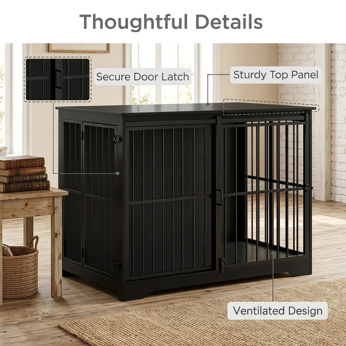 46.9" XXL Wooden Dog Crate,Barn Door Anti-Chew, Indoor End Table Style,Black