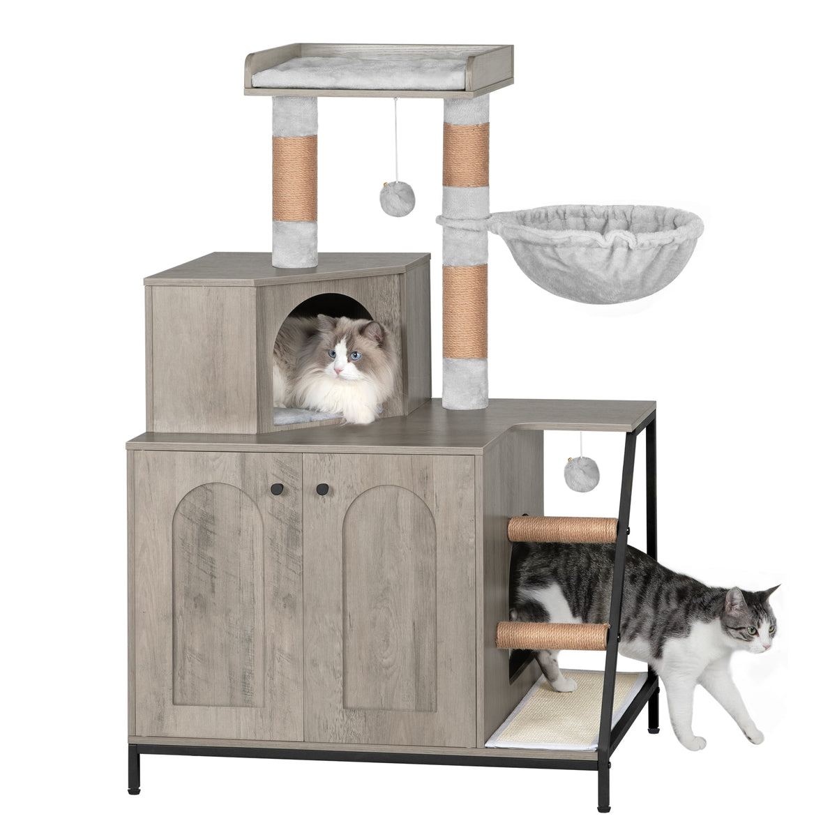 4-in-1 Cat Litter Box Enclosure Cat Tree, Platform, Scratcher, Stairs,Greige with Platform, Scratching Posts, Washable Removable Cushion, Greige