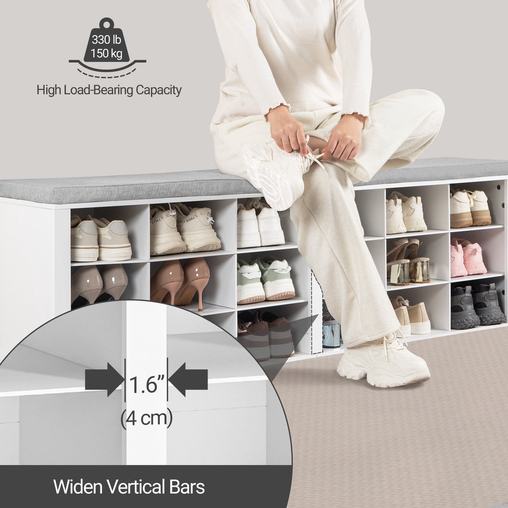 Shoe Storage Bench with Cushion, Entryway Storage Bench with 18 Cubbies, 59" Widened Organizer Cabinet, Long Cubby Rack for Living Room, Bedroom, Entryway, White