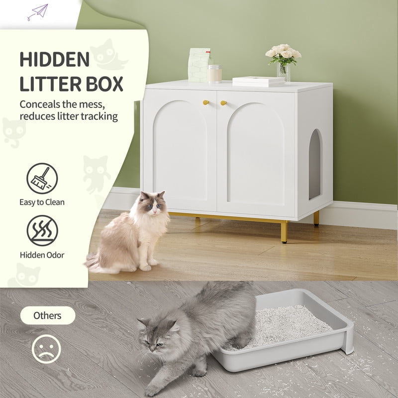 Hzuaneri Hidden Cat Litter Box Enclosure, 31.5" Wooden Indoor Cat House, Litter Box Furniture Cabinet for Self-Cleaning Litter Boxes, White Gold