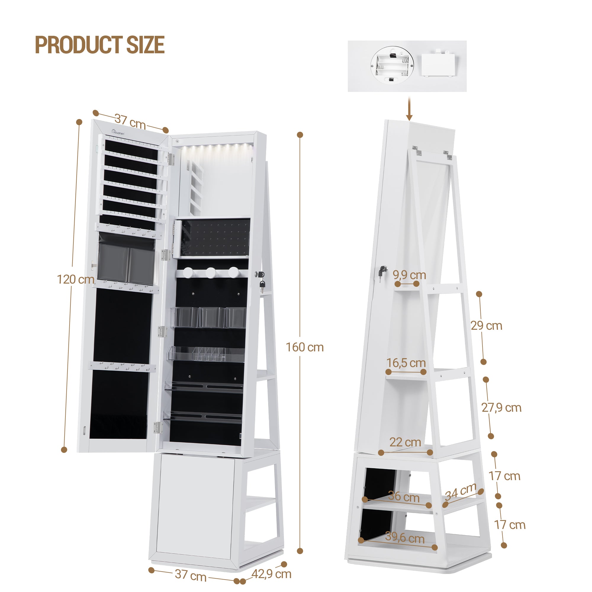 Hzuaneri Jewelry Cabinets, with 360° Rotating Base, Lockable Full-Length Mirror, Jewelry Cabinet with Mirror, Jewelry Storage, Large 4-Tier Shelves, White and Black JC16003B