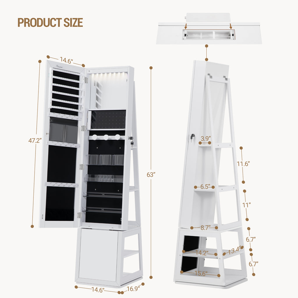 Hzuaneri jewelry cabinets, with 360° rotating base, lockable full-length mirror, large 4-tier storage compartments, 4-in-1 multifunctional, white and beige JC16003BE