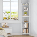 Corner Shelf Stand 6-Tier with Metal Frame, Industrial Corner Bookshelf Plant Shelf for Living Room Bathroom Kitchen, White