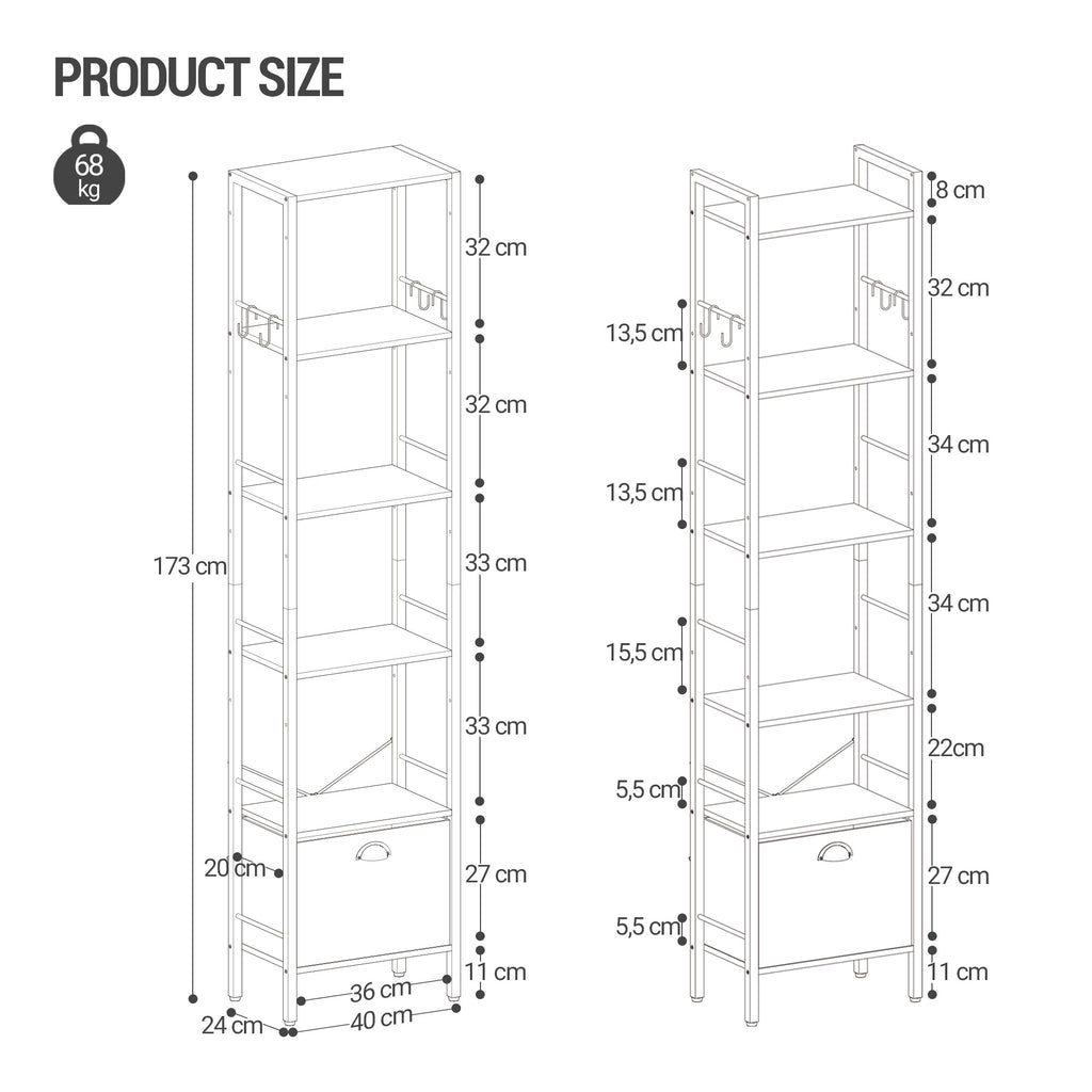 Hzuaneri  Bookcase, 6 Vertical Shelves with 1 Folding Fabric Drawer and 4 Hooks, Open Shelves, Metal Frame, for Study Room, Living Room, Vintage Brown and Black, 24 x 40 x 173 cm BC40601B