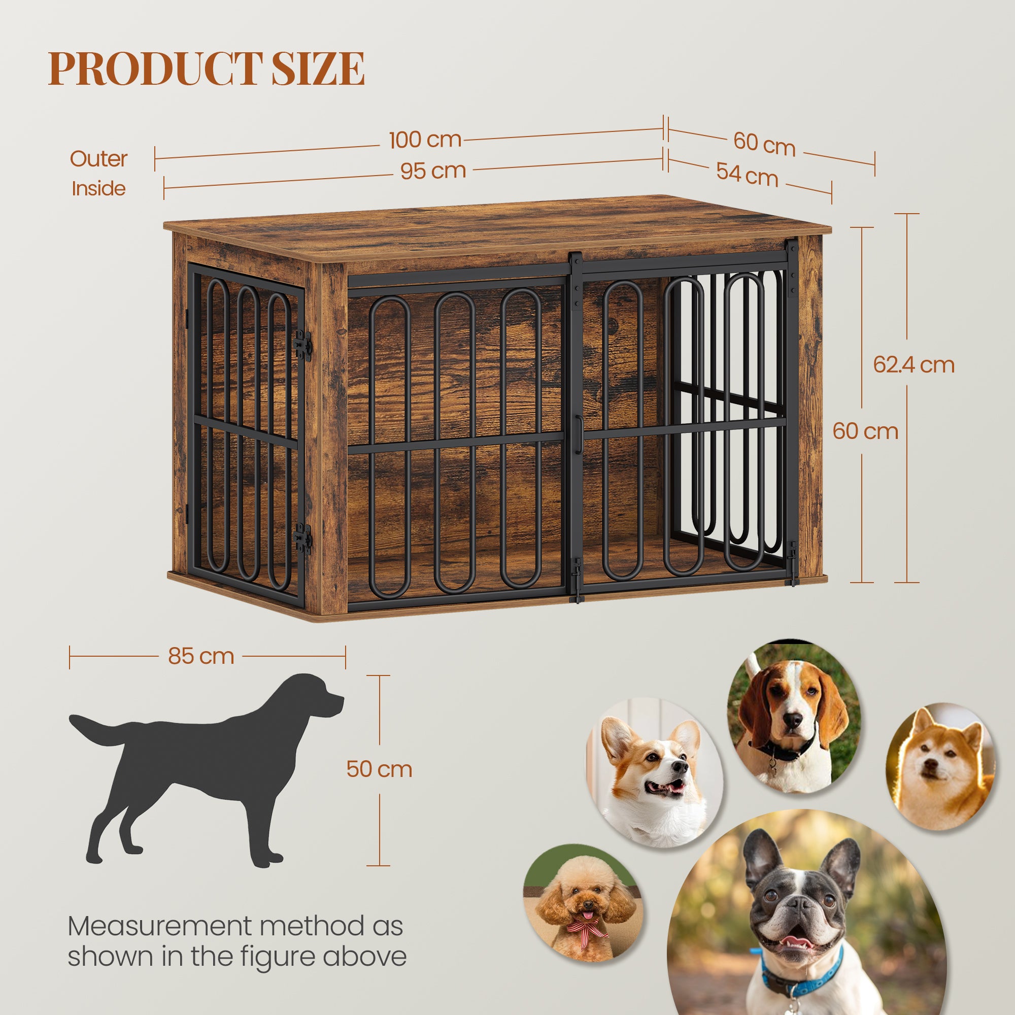 HEXCELEN Wooden Dog Cage Furniture, 100 cm Dog Crate for Home, Dog Cage with 2 Doors, Sliding Doors, for Small, Medium Dogs, Heavy Duty Side Table, 100 x 60 x 62.4 cm, Brown,910101B