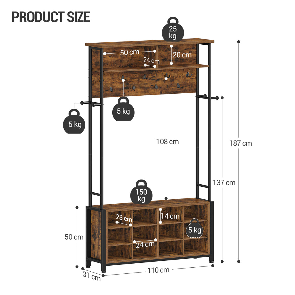 Hzuaneri Coat Rack with Shoe Bench, Wardrobe with 13 Hooks, 14 Open Compartments, Adjustable Shelves, Clothes Rack for Hallway, Entrance Area, 31 x 110 x 187 cm, Vintage Brown-Black HT17901B
