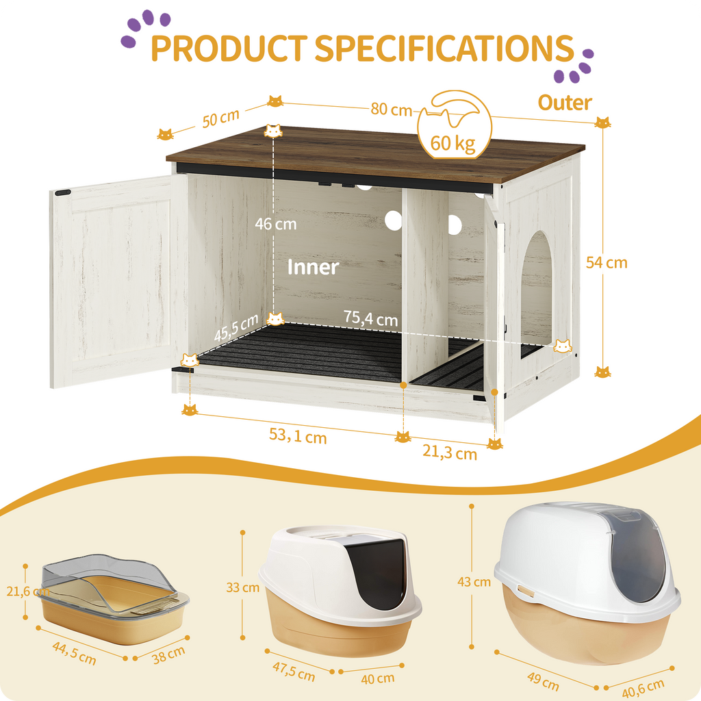 Hzuaneri Cat Litter Box Enclosure, Hidden Litter Box Furniture with Detachable Dividers, Reversible Entrance Left or Right Side, Wooden Cat House, 80 x 50 x 54 cm, Rustic Brown and White CB86614X