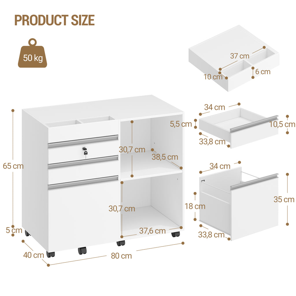 Hzuaneri Rolling Container, Mobile Filing Cabinet, Office Cabinet with 3 Drawers, 2 Open Compartments, Drawer Cabinet with Adjustable Hanging File for DIN A4, Letter, Office, Home Office, White FC42003X