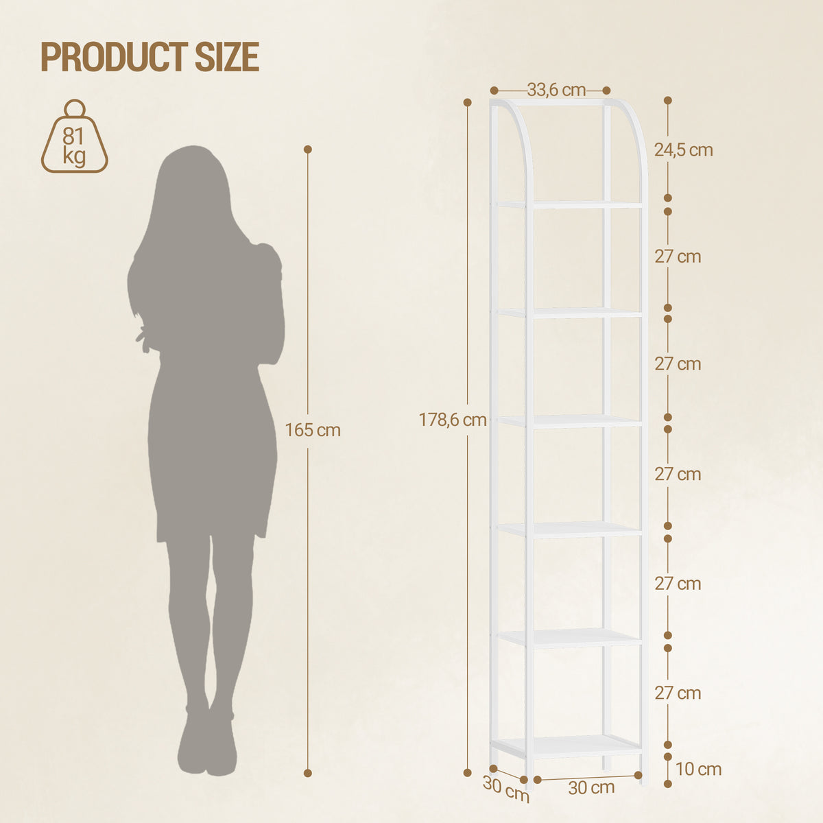 Hzuaneri Bookcase, 6-Tier Bookshelf, Narrow Bookcase Shelving Unit for Living Room, Office, Sturdy, Bedroom, 30 x 33.6 x 182.5 cm, Industrial, White, BC56013W