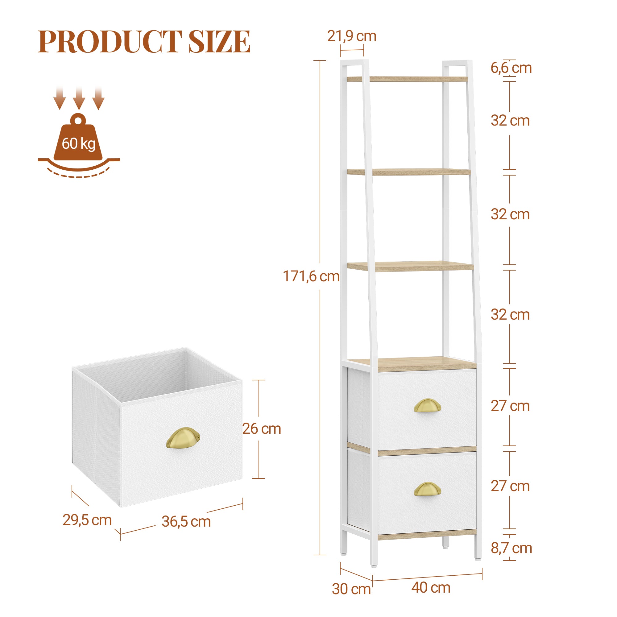 HEXCELEN Bookcase, Slim Shelf with 6 Levels and 2 Folding Fabric Drawers, Ladder Shelf, Standing Shelf, Office Shelf, for Bedroom, Living Room, Office, 30 x 40 x 171.6 cm, White Oak and White, 664116W
