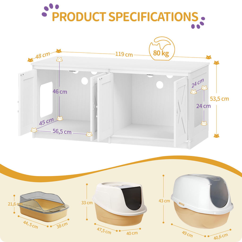 Hzuaneri Cat Cabinet, Cat Litter Tray Cabinet for 2 Cats, Hidden Cat Litter Box Cabinet, Indoor Cat House, Farmhouse Style, 119 x 48 x 53.5 cm, White CB85313W