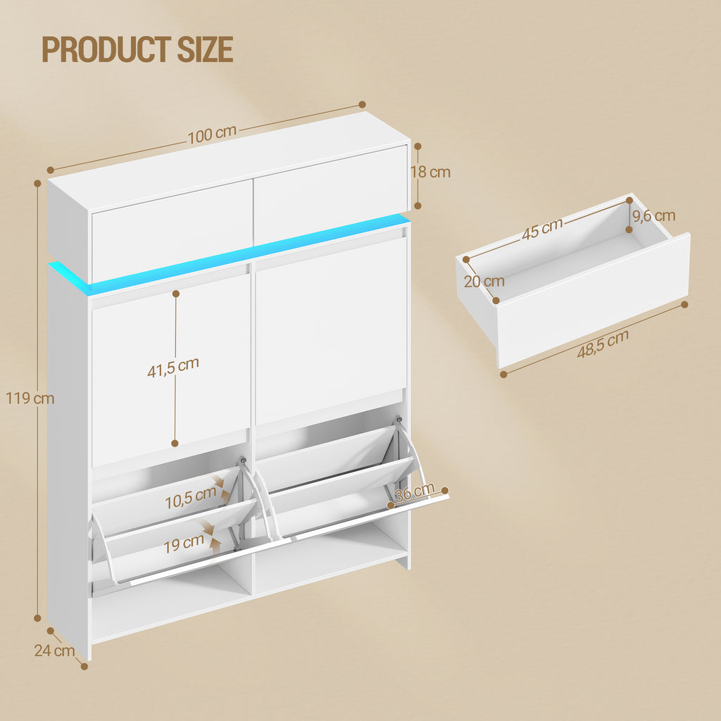 Hzuaneri Shoe Cabinet, Narrow Shoe Cabinet with LED Lighting, Shoe Rack, Adjustable Dividers, 20 Pairs, 4 Drop-Down Doors (100L), for Entryway, Hallway, White SR53603X