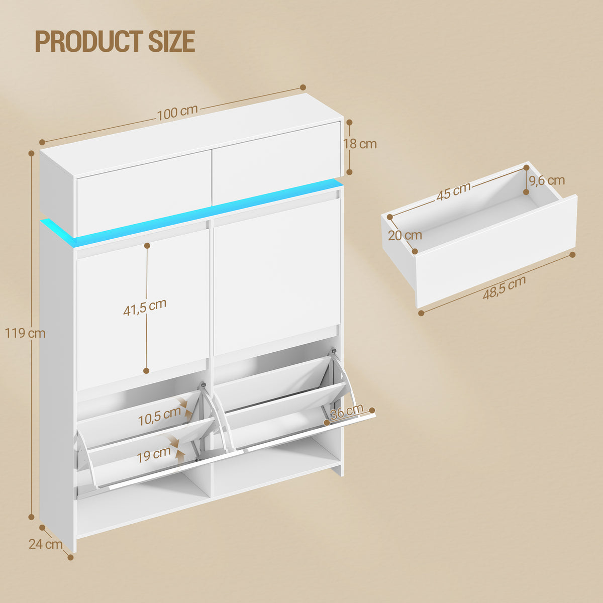 Hzuaneri Shoe Cabinet, Narrow Shoe Cabinet with LED Lighting, Shoe Rack, Adjustable Dividers, 20 Pairs, 4 Drop-Down Doors (100L), for Entryway, Hallway, White SR53603X