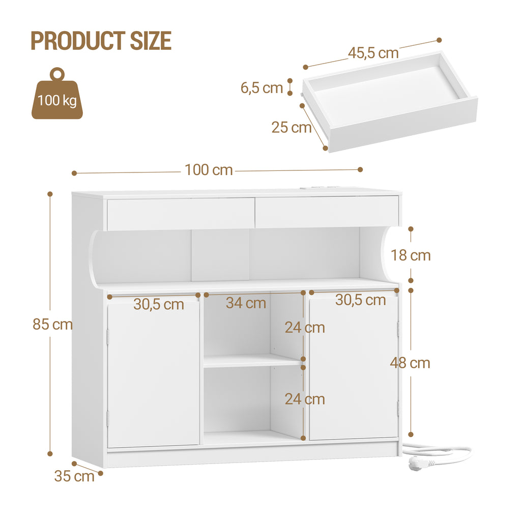 Hzuaneri SC64903X Sideboard, Kitchen Cabinet with Power Strip and LED Light, Storage Cabinet, 2 Drawers and 2 Doors, Adjustable Shelves, Buffet Cabinet, Dining Room, Kitchen, 35 x 100 x 85 cm, White SC64903X