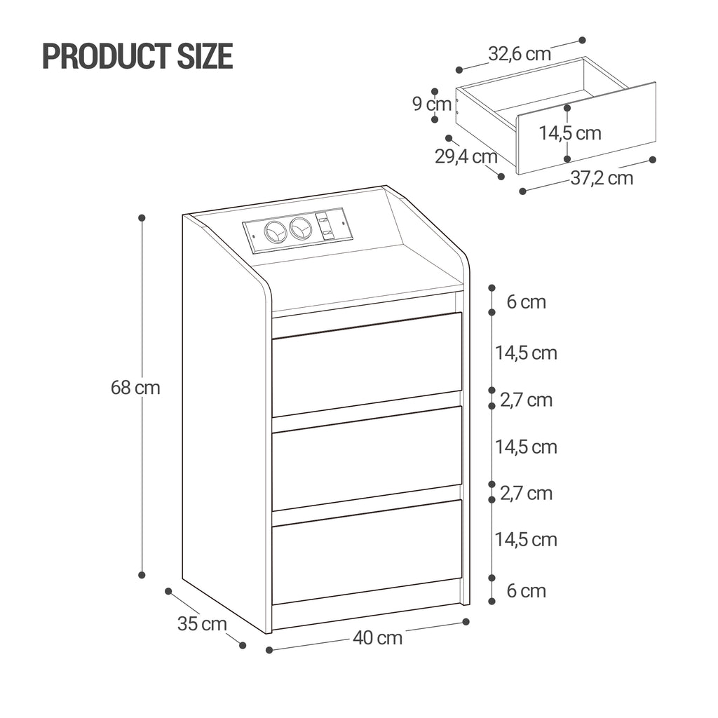 Hzuaneri NS40104X Bedside Table Set of 2 with 3 Drawers, Side Table with Charging Station and LED, 2 AC Outlets and 2 USB Ports for Bedroom, Living Room, Black NS40104X
