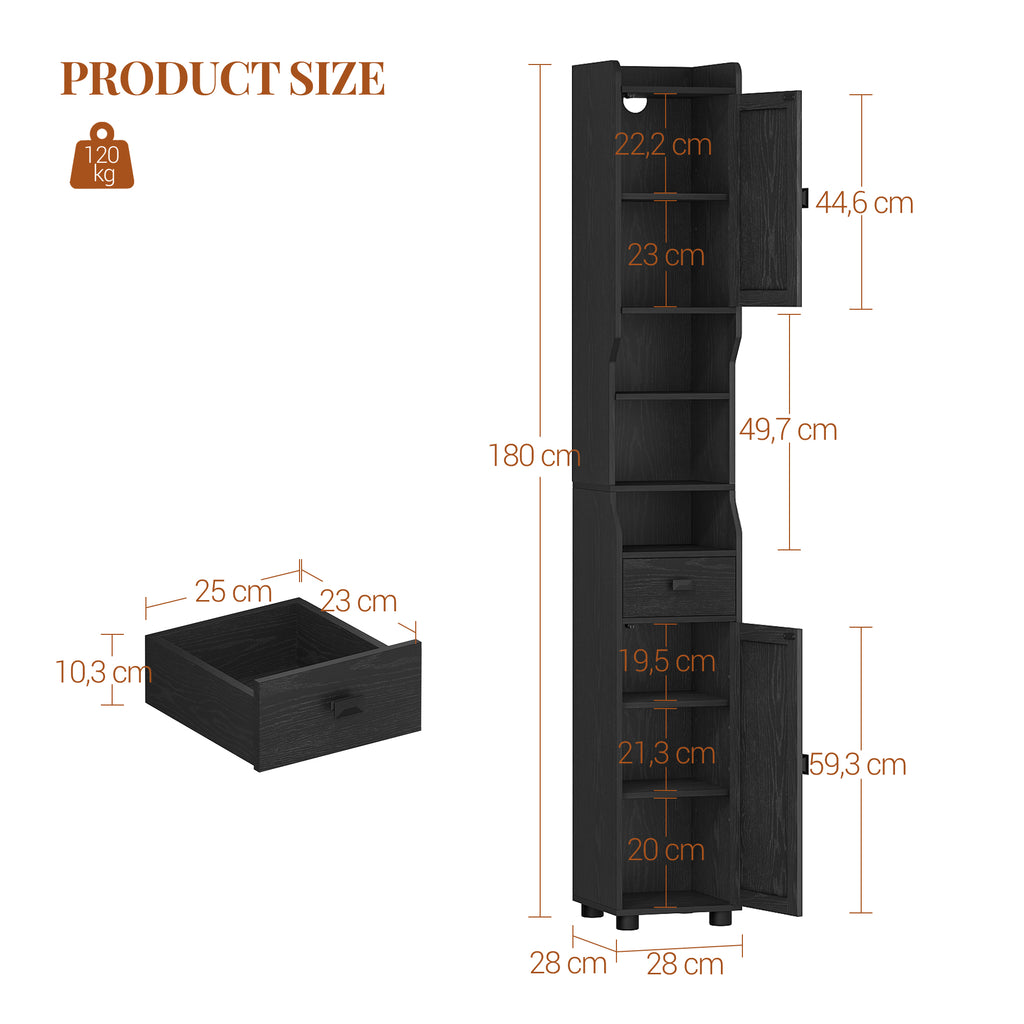 HEXCELEN Bathroom Cabinet, Narrow Tall Bathroom Cabinet, Bathroom Tall Cabinet with 2 Doors and 1 Drawer, Adjustable Shelves, Open Compartment, Space-Saving Bathroom Shelf, 28 x 28 x 180 cm, Black, 480004X