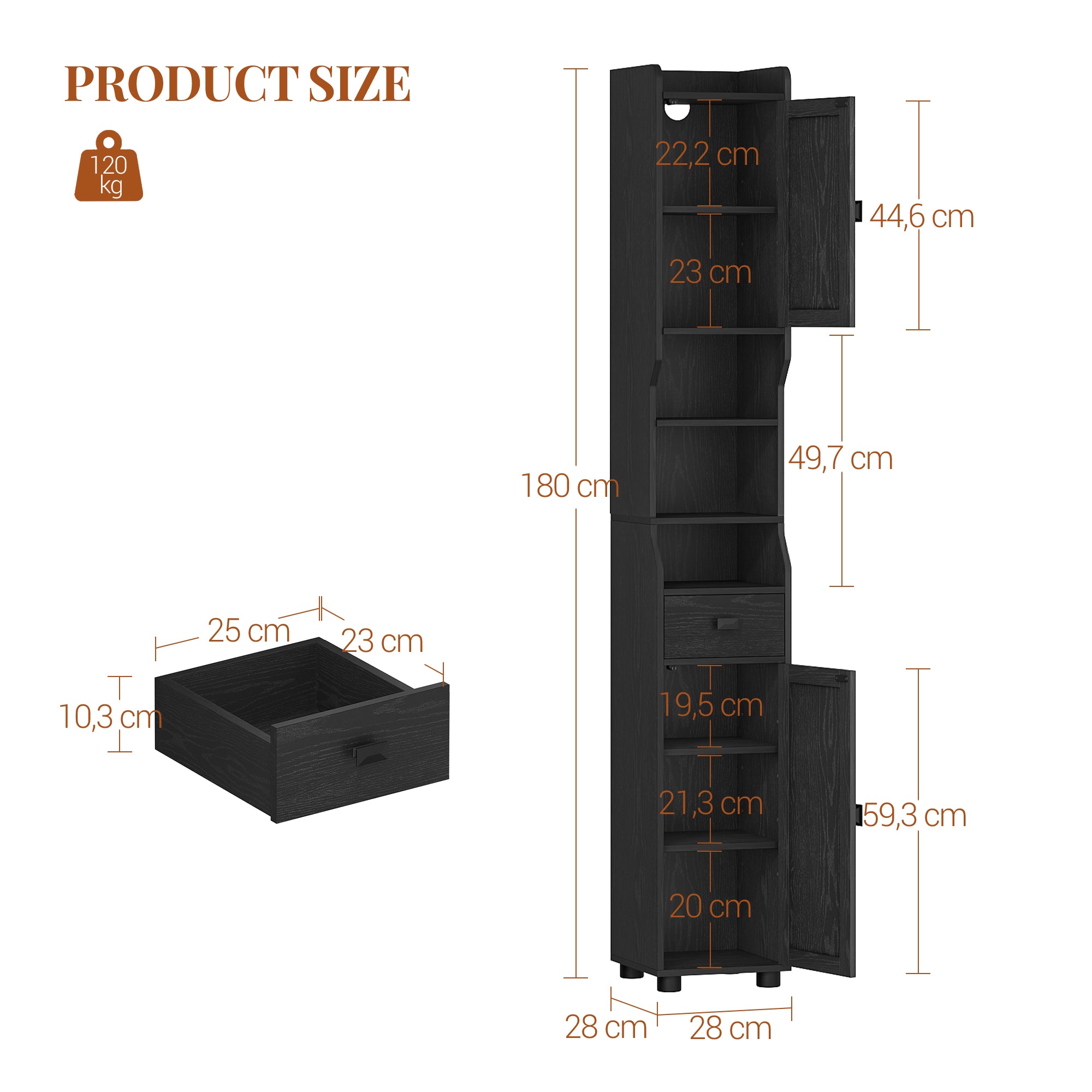 HEXCELEN Bathroom Cabinet, Narrow Tall Bathroom Cabinet, Bathroom Tall Cabinet with 2 Doors and 1 Drawer, Adjustable Shelves, Open Compartment, Space-Saving Bathroom Shelf, 28 x 28 x 180 cm, Black, 480004X